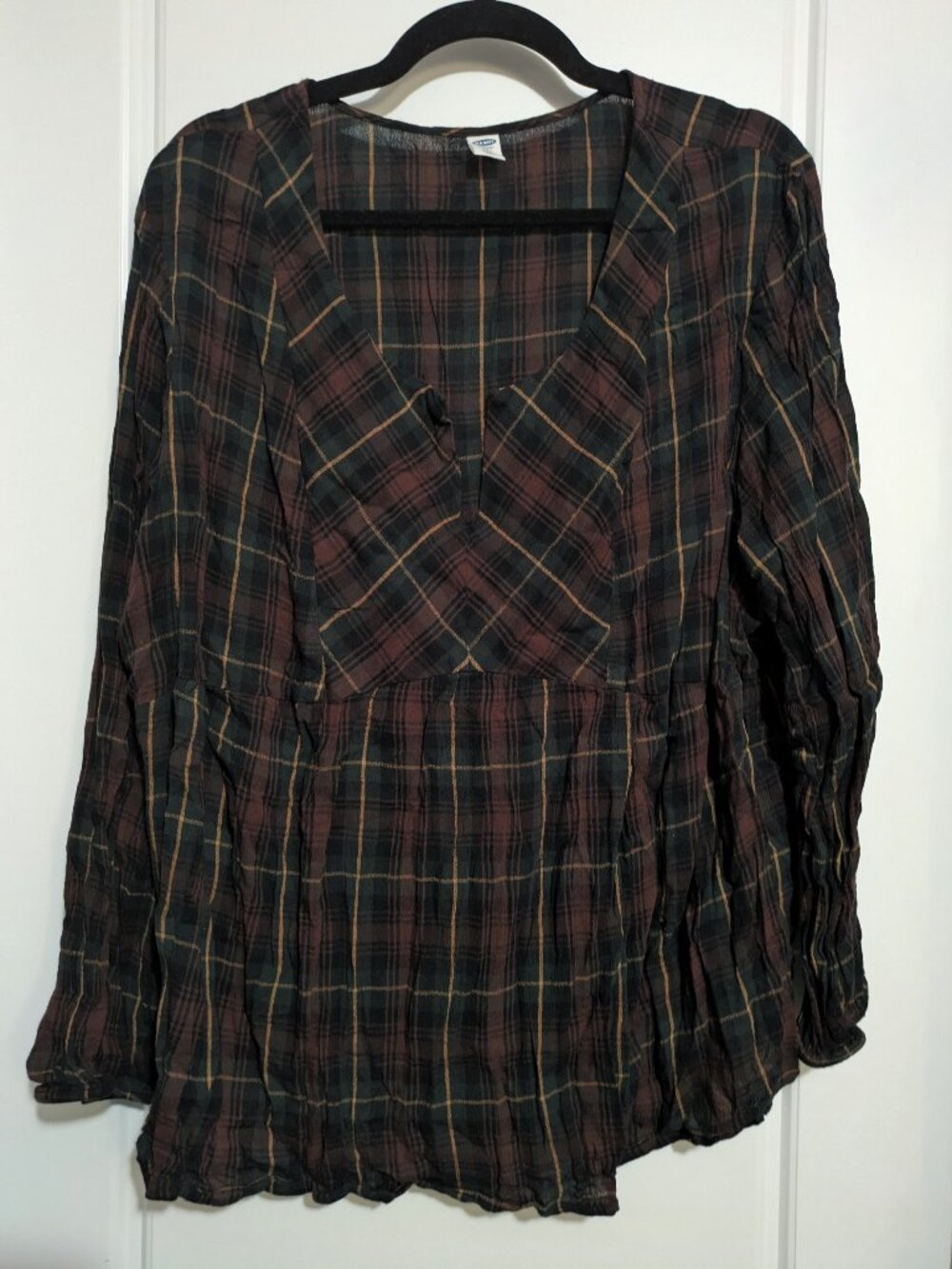 Old Navy Long Sleeved Brown/Green Plaid Print V-Neck Blouse (XXL)